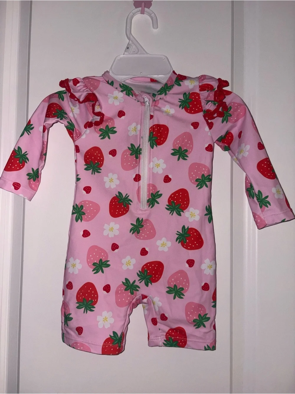 Amazon Pink Strawberry Print Long Sleeve One-Piece Swimsuit